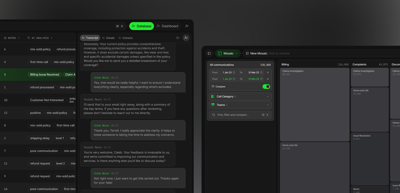 Subphonic product interface showing conversation analysis, transcripts, and communication insights